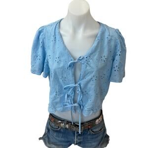 Dusty Blue Eylet Crop Top MEDIUM Boho Cottage Summer Festival Cotton Tie Front